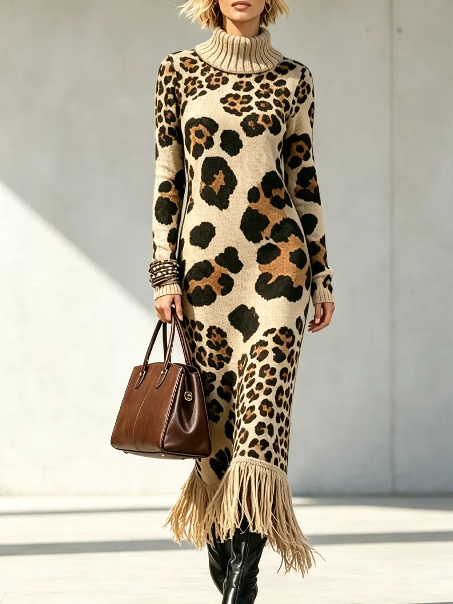 Retro Leopard Pattern Tassel Patchwork Art Print Casual Stylish Long Sleeve Knitted Dress