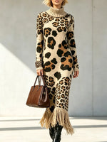 Retro Leopard Pattern Tassel Patchwork Art Print Casual Stylish Long Sleeve Knitted Dress