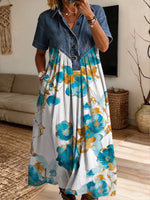 Women’s Denim Spliced Blue Gold Floral Print Midi Shirt Dress With Pockets