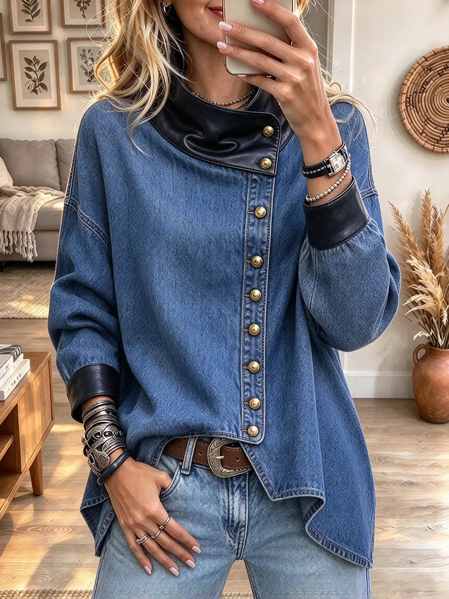 Women's Faux Leather Collar Cuff Denim Long Sleeve Button Front Tunic Top