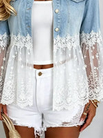 Retro Floral Lace Patchwork Casual Stylish Denim Lapel Coat