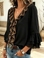 Women's Leopard Ruffle V-Neck Blouse