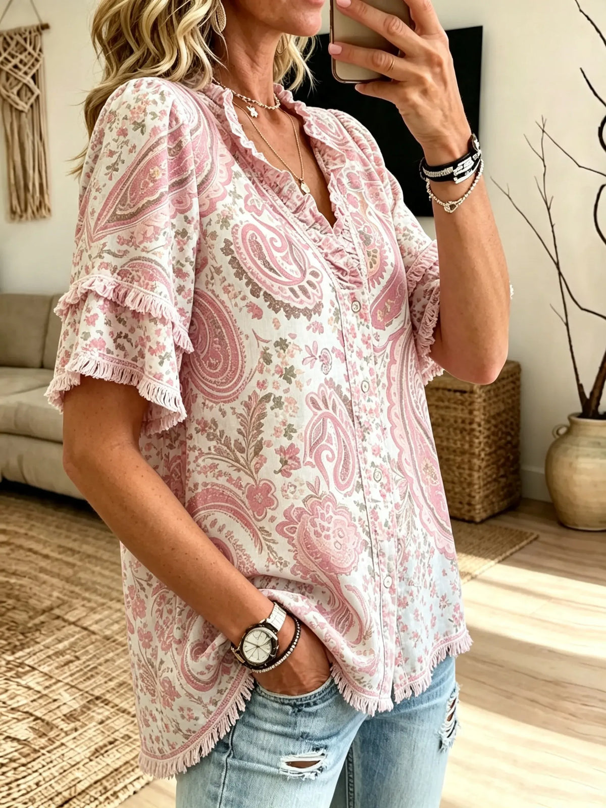 Women's Paisley Fringe Ruffle Short Sleeve Blouse