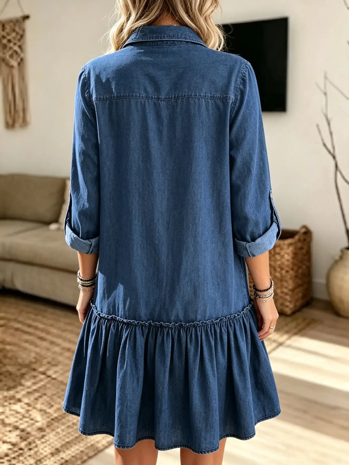 Women's Drop Waist Ruffle Denim Shirt Dress