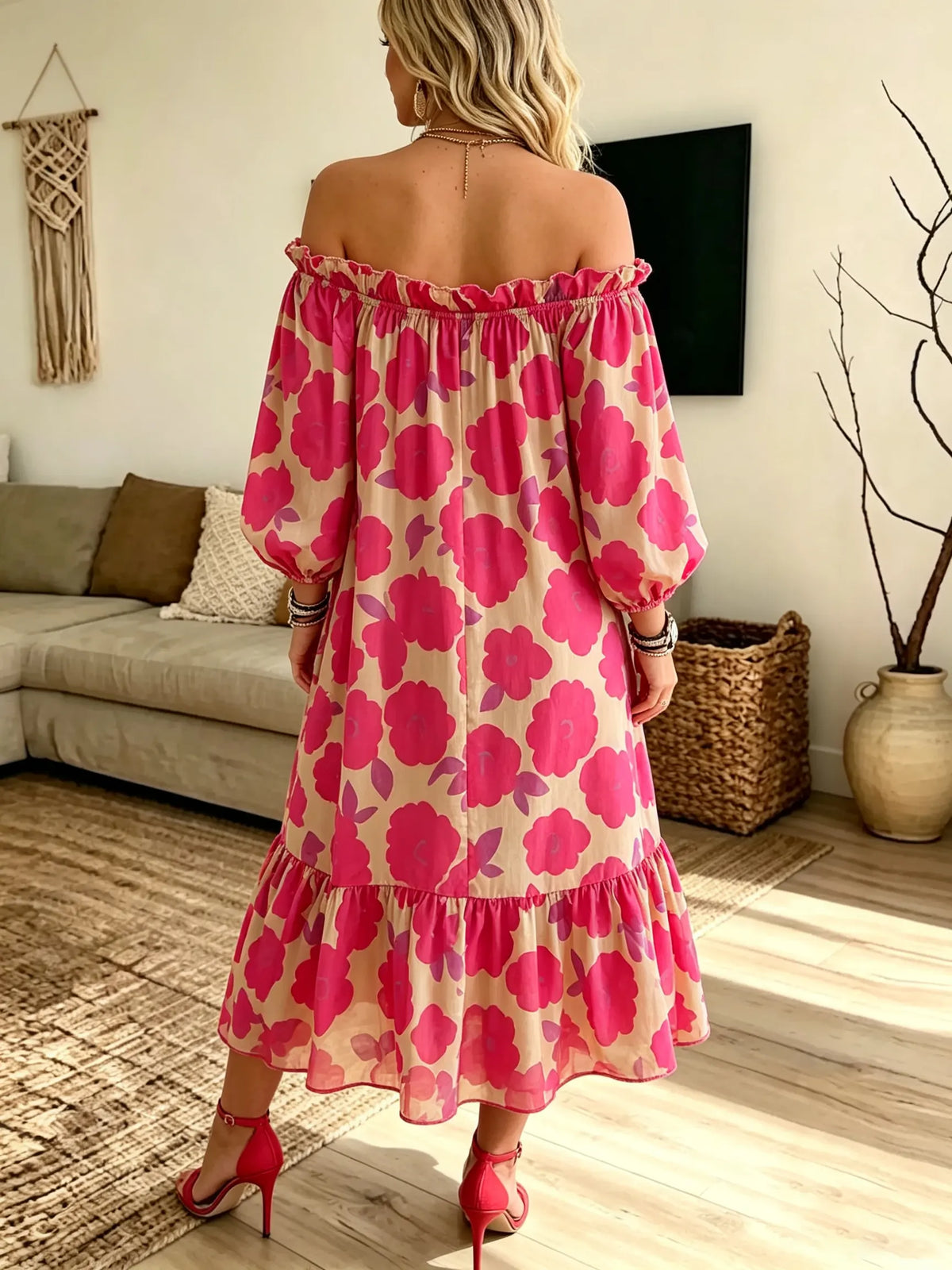Women's Off-the-Shoulder Floral Printed Midi Dress