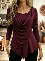 Draped Cowl Neck Irregular Hem Long Sleeve Tunic Top