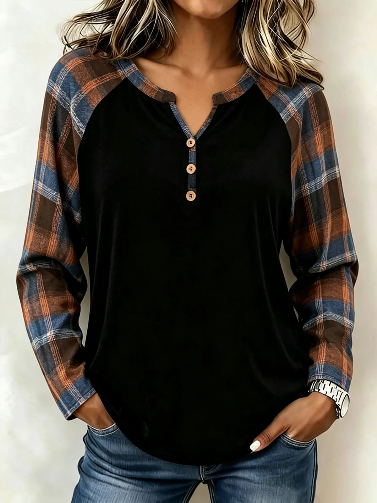Women's Plaid Patchwork Henley Long Sleeve Top