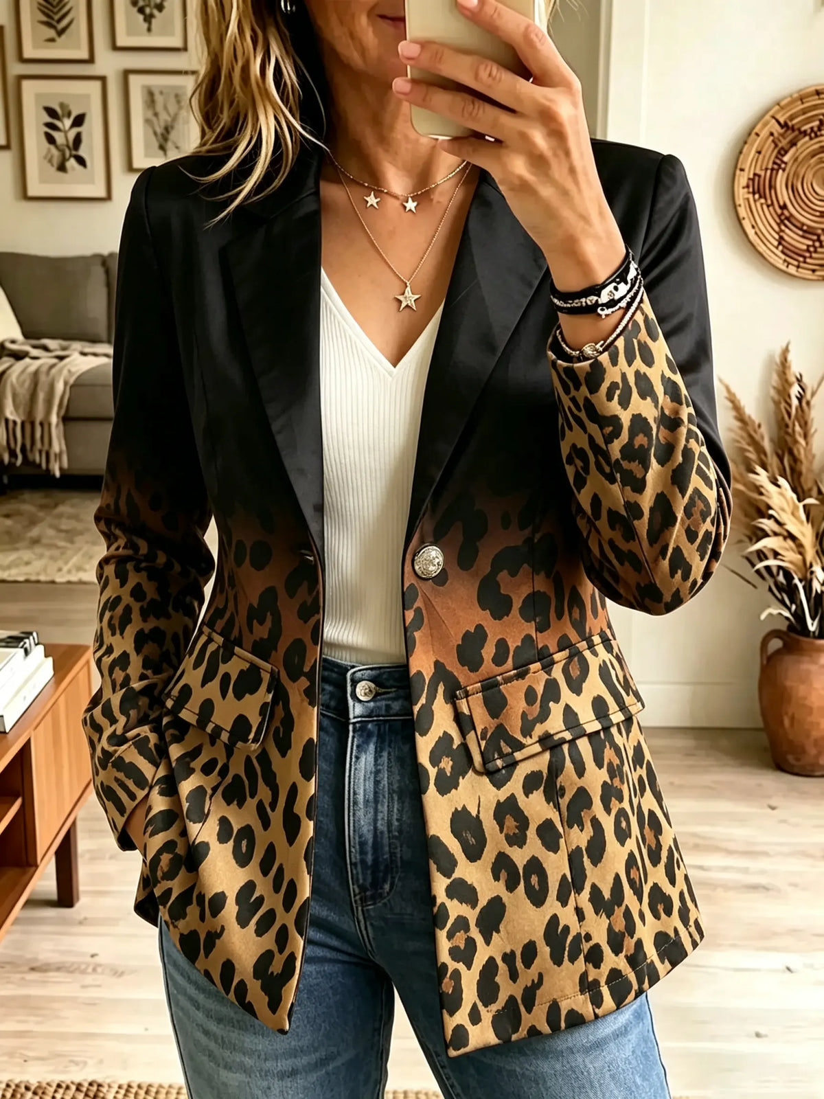Women's Ombre Leopard Print Single-Button Blazer