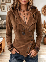 Women's Brown Faux Suede Hooded Jacket with Asymmetric Button Placket
