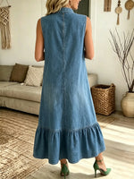 Women's Half-Zip Ruffle Hem Denim Maxi Dress