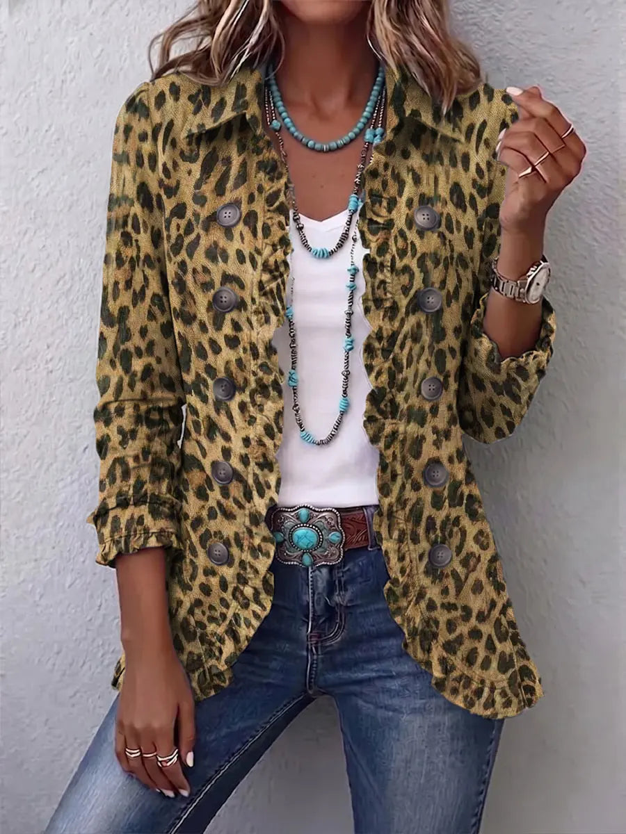 Retro Leopard Art Pattern Print Ruffle Casual Stylish Cotton Linen Lapel Coat