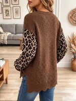 Vintage Elegant Leopard Wavy-edged Trim Knit Sweater