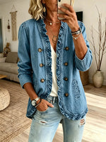 Women Ruffle Trim V-Neck Single Breasted Denim Cardigan Jacket