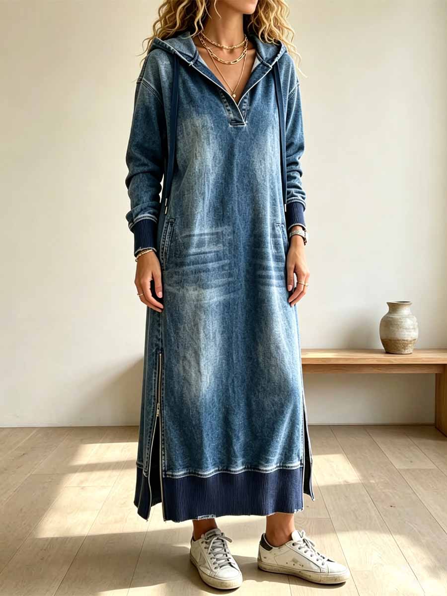 Retro Hooded Zip Art Casual Long Sleeve Stylish Denim Long Dress