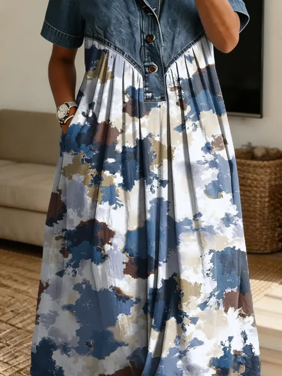 Retro Ink Pattern Art Print Casual Stylish Lapel Denim Patchwork Dress