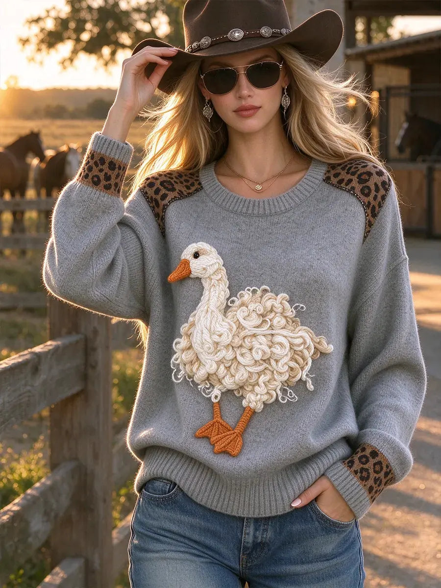 Women's Cute Duck With Leopard Print Sweater