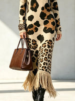 Retro Leopard Pattern Tassel Patchwork Art Print Casual Stylish Long Sleeve Knitted Dress