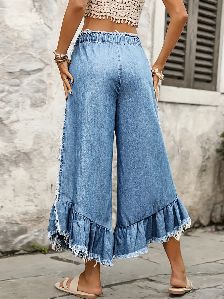 Retro Chic Ruffle Art Casual Stylish Wide Leg Denim Pants