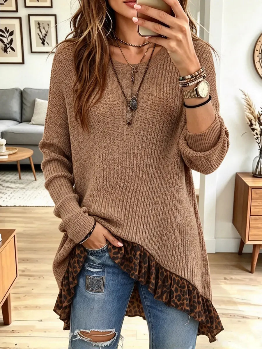 Vintage Chic Leopard Patchwork Round Collar Knitted Art Casual Stylish Long Sleeve Sweater