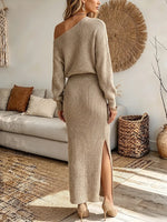 Vintage Elegant Knitted Fabric Off-shoulder Top And Skirt Two-piece Set