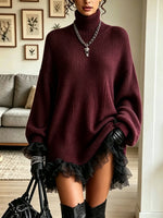 Women's Turtleneck Ruffled Hem Sweater Mini Dress