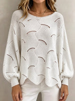 Women Hollow‑Out Wave Knit Sweater Loose Lantern Long Sleeve Casual Pullover Top