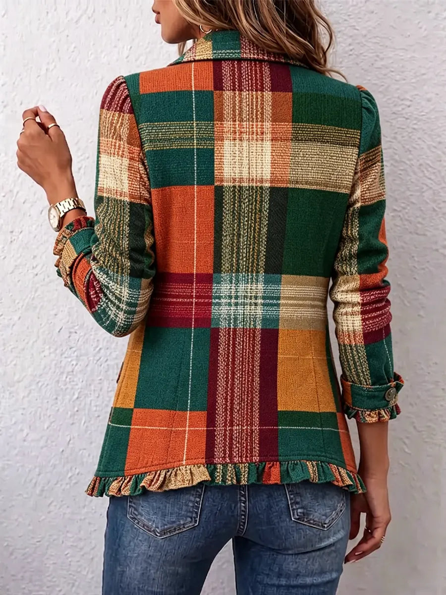 Retro Plaid Pattern Art Print Ruffle Casual Stylish Cotton Lapel Coat