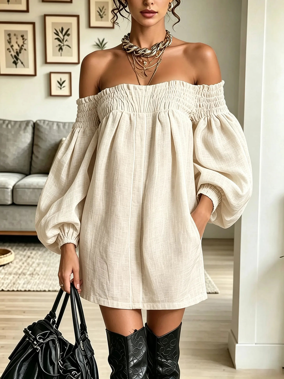 Women's Off-the-Shoulder Smocked Balloon Sleeve Mini Dress