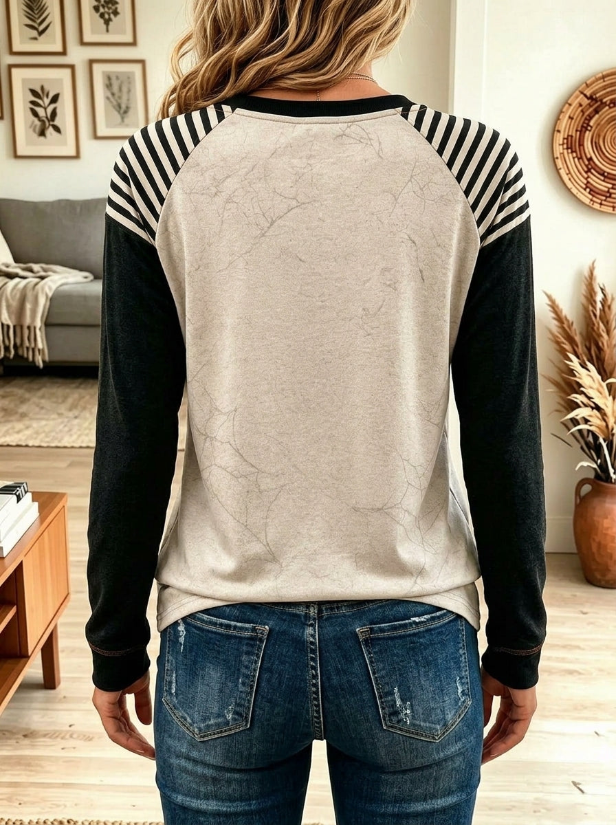 Women Halloween Witch Clothes Print Raglan Sweatshirt, Striped Long Sleeve Casual Pullover