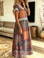 Women's Vintage Plaid Floral Mixed Print Short Sleeve Midi Dress