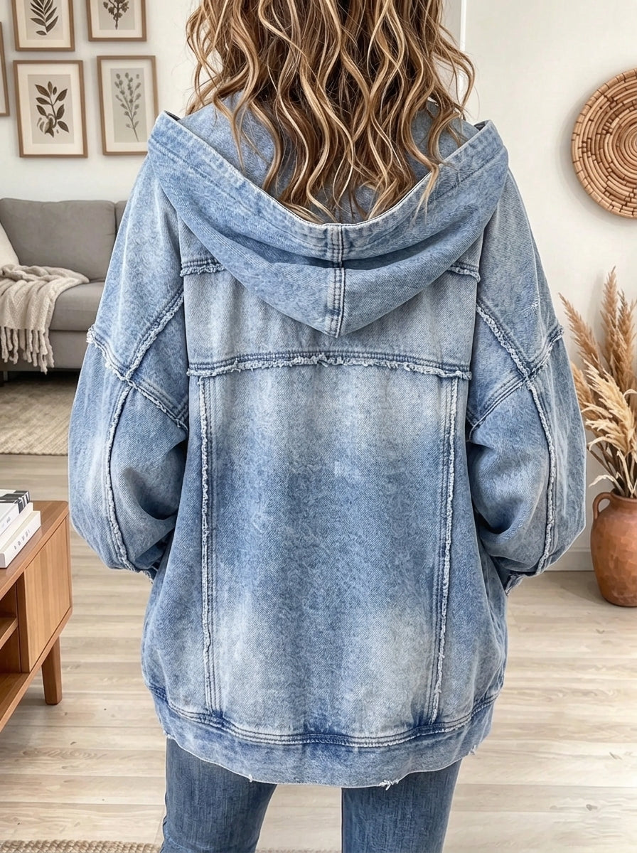 Women's Raw Edge Frayed Hooded Denim Jacket