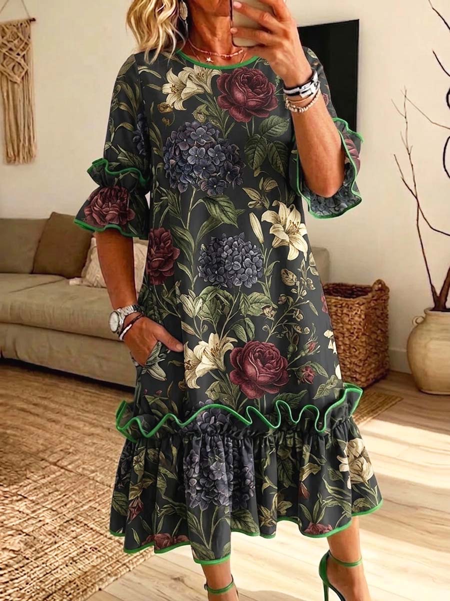 Retro Floral Pattern Art Print Casual Ruffle Stylish Cotton Linen Dress