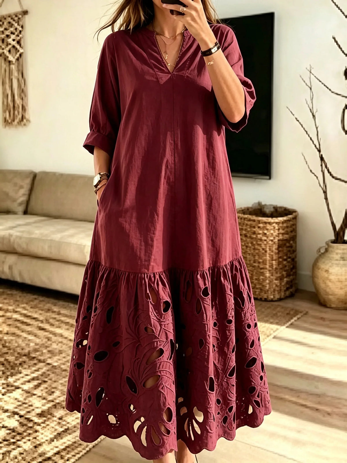 Women's Solid Hollow Out Art V-Neck Loose Maxi Dress