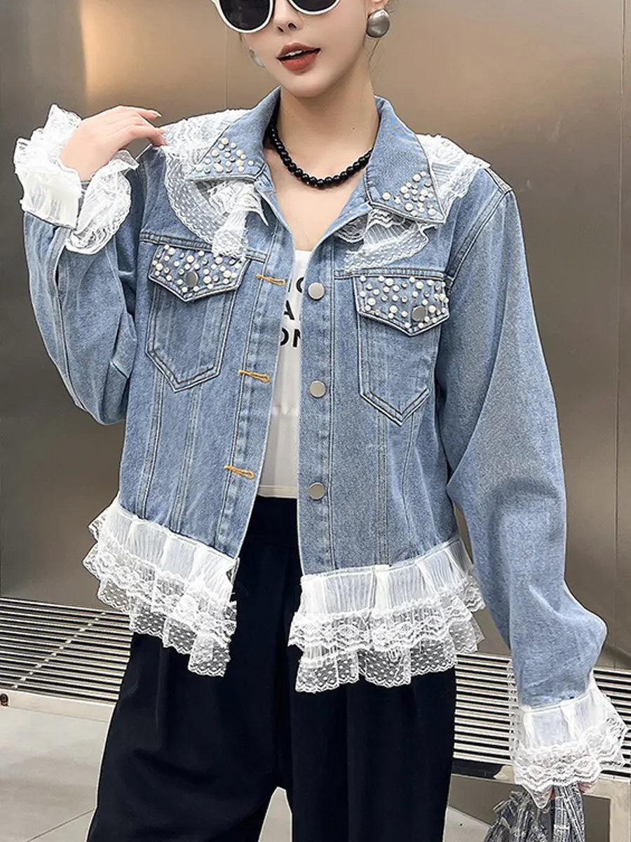 Retro Ruffled Lace Patchwork Pearls Art Casual Stylish Long Sleeve Denim Coat