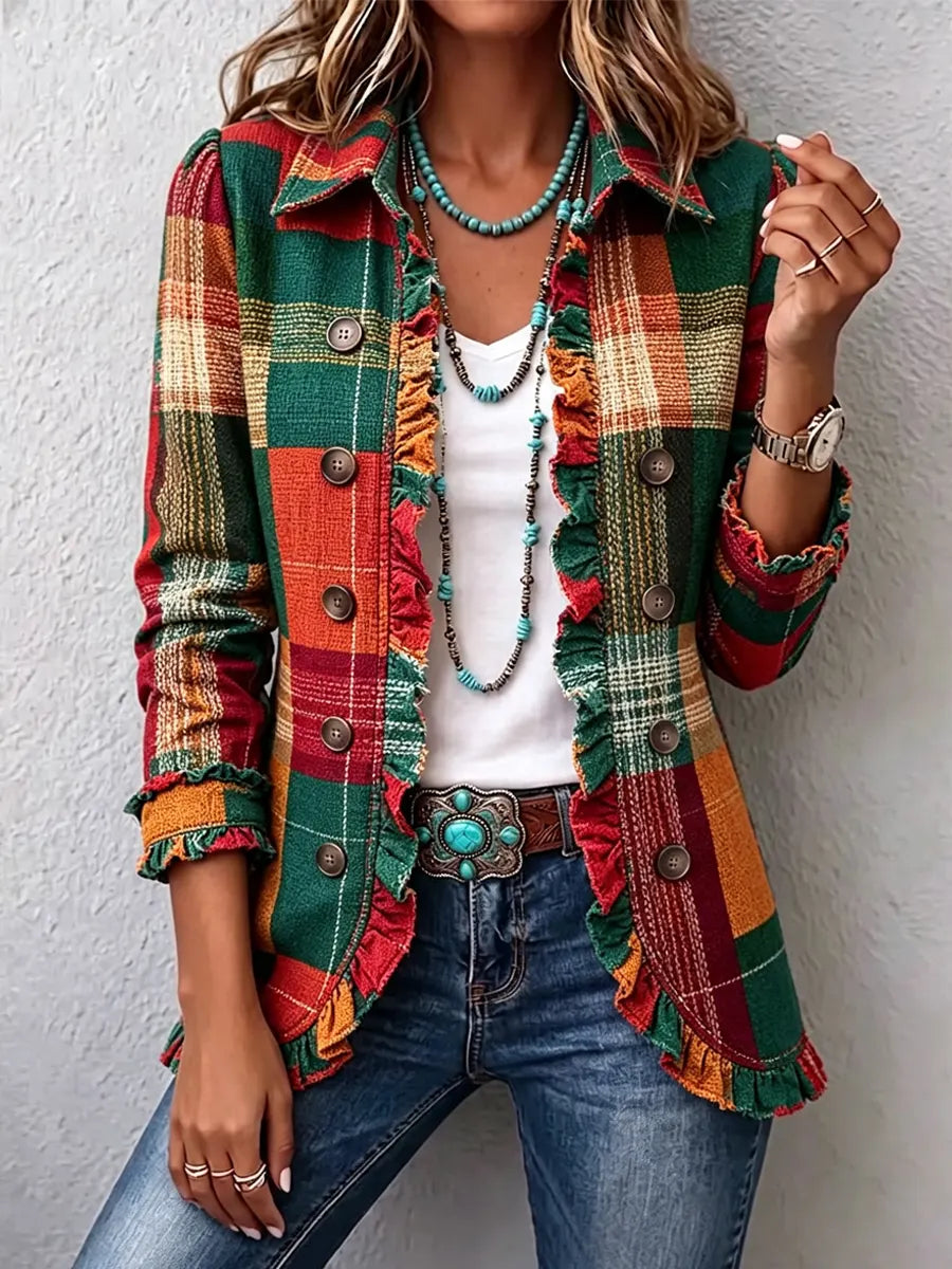 Retro Plaid Pattern Art Print Ruffle Casual Stylish Cotton Lapel Coat