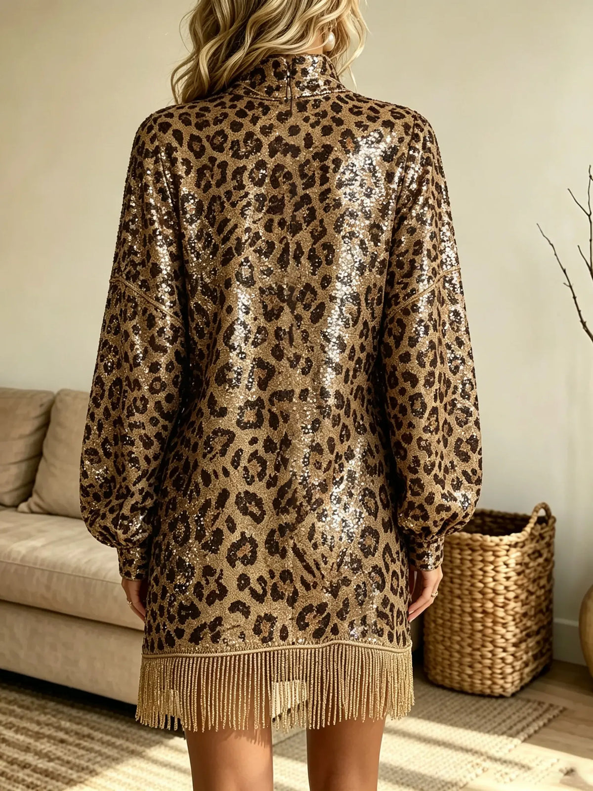 Women's Sequin Leopard Fringe High-Neck Mini Dress