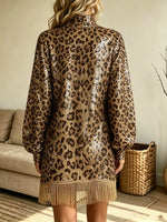 Women's Sequin Leopard Fringe High-Neck Mini Dress