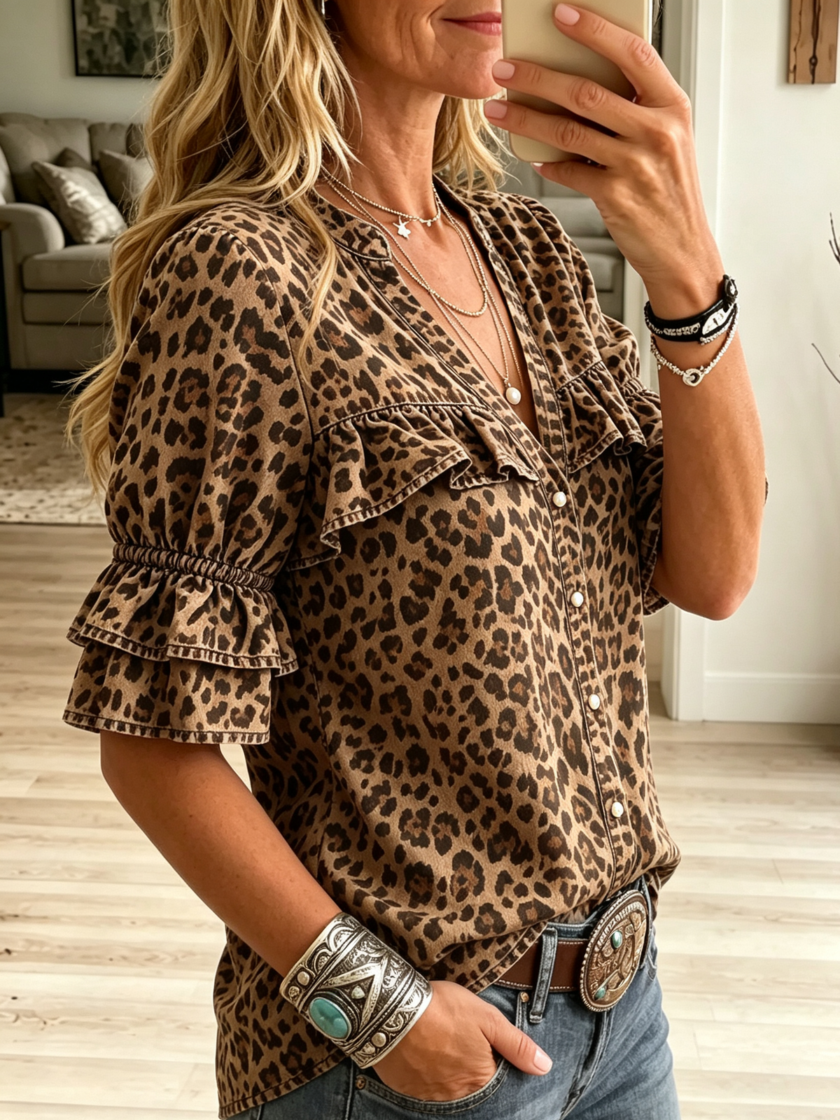 Women's Leopard Print Ruffle Yoke Denim Blouse