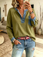 Women's Solid Wash Denim Henley Long Sleeve Blouse