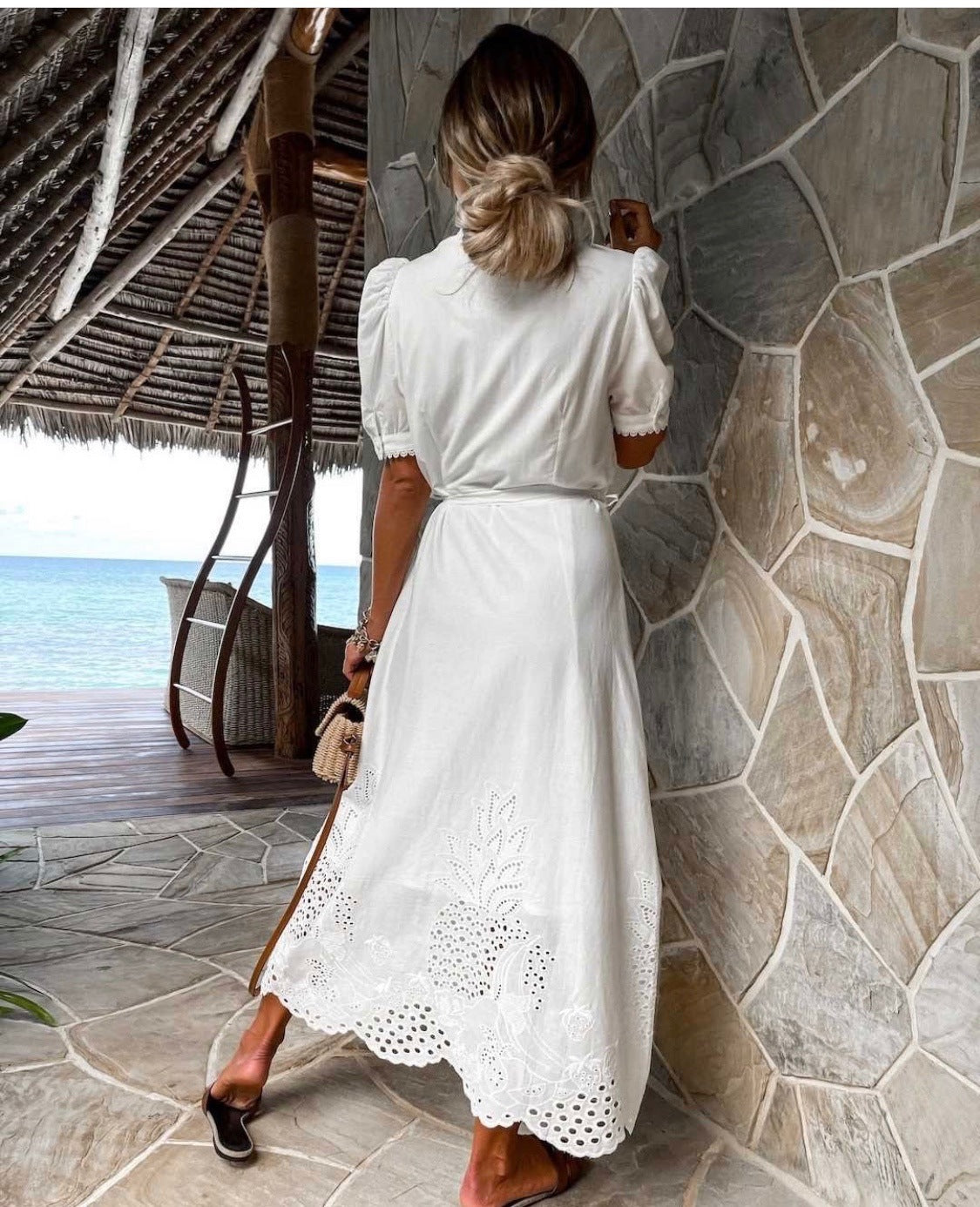 Women Eyelet Embroidery Belted Shirt Midi Dress With Puff Sleeves