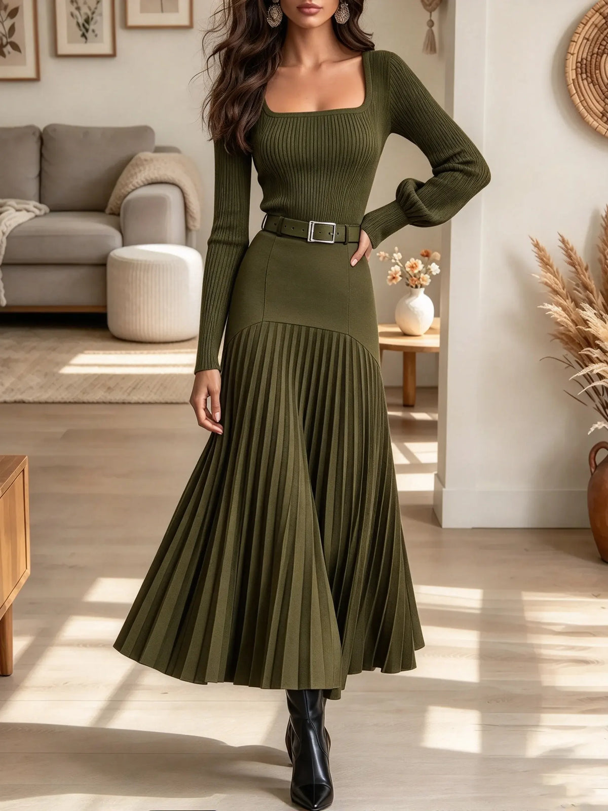 Women's Square Neck Pleated Knit Midi Dress