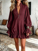 Vintage Elegant Zip-neck Stand-collar Ruffled Cotton-linen Blend Dress