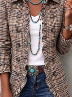 Retro Plaid Pattern Art Print Ruffle Casual Stylish Cotton Lapel Coat