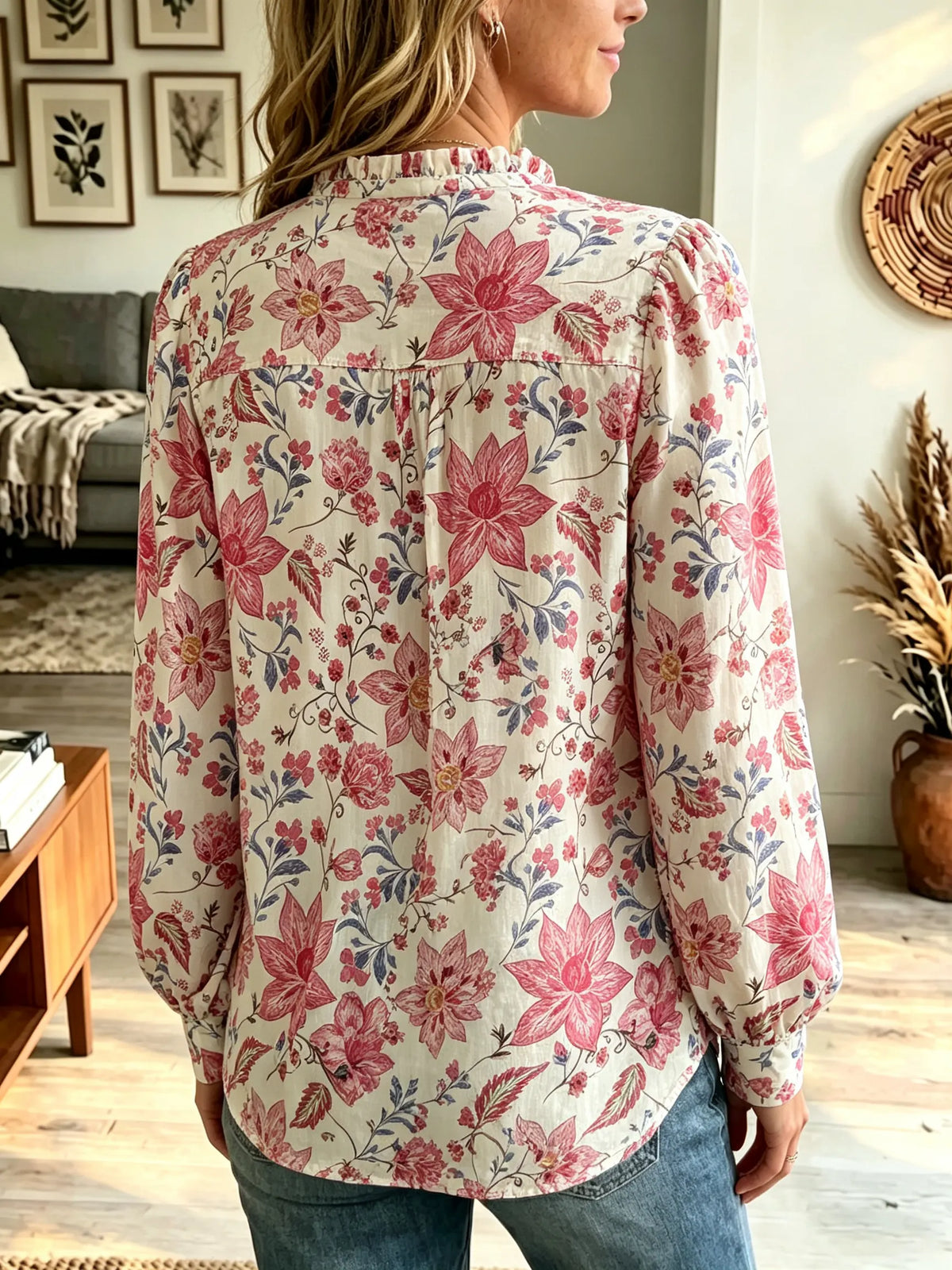 Women's Floral Print Ruffle Collar Blouse