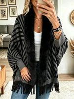 Women's Striped Faux Fur Collar Fringe Poncho Cardigan