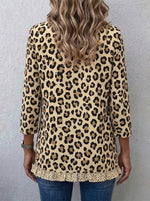 Women Leopard Print Ruffle Trim Shirt Jacket Collared 3/4 Sleeve Button Down Casual Blouse Coat