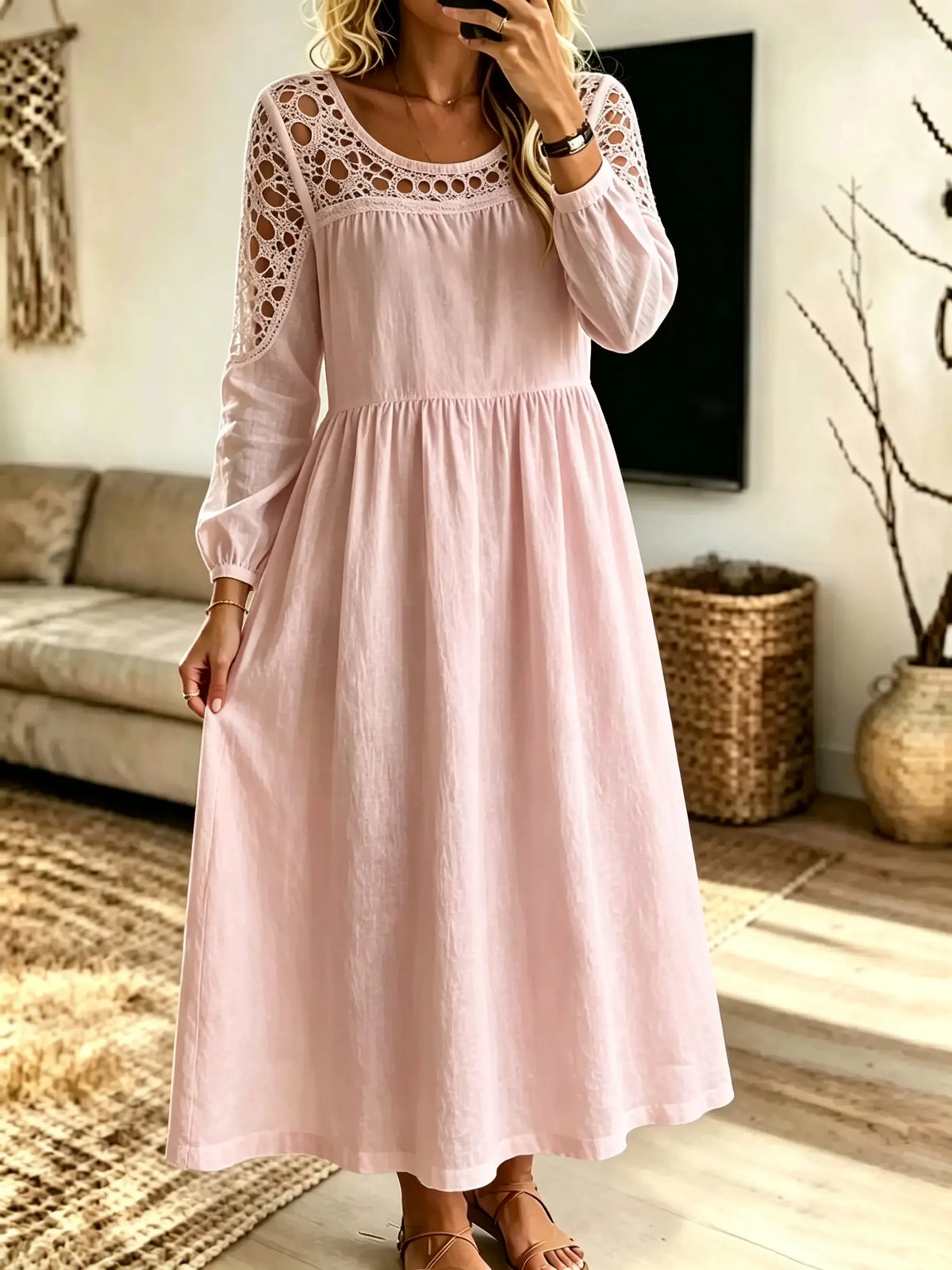 Women Hollow‑Out Spliced Solid Midi Dress