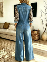Retro Leopard Pattern Patchwork Art Stylish Lapel Long Sleeve Denim Jumpsuit