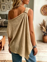 Women's One-Shoulder Knotted Asymmetrical Linen Top