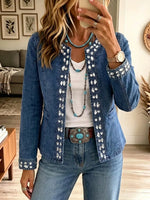 Retro Chic Rhinestone Art Casual Stylish Long Sleeve Denim Coat